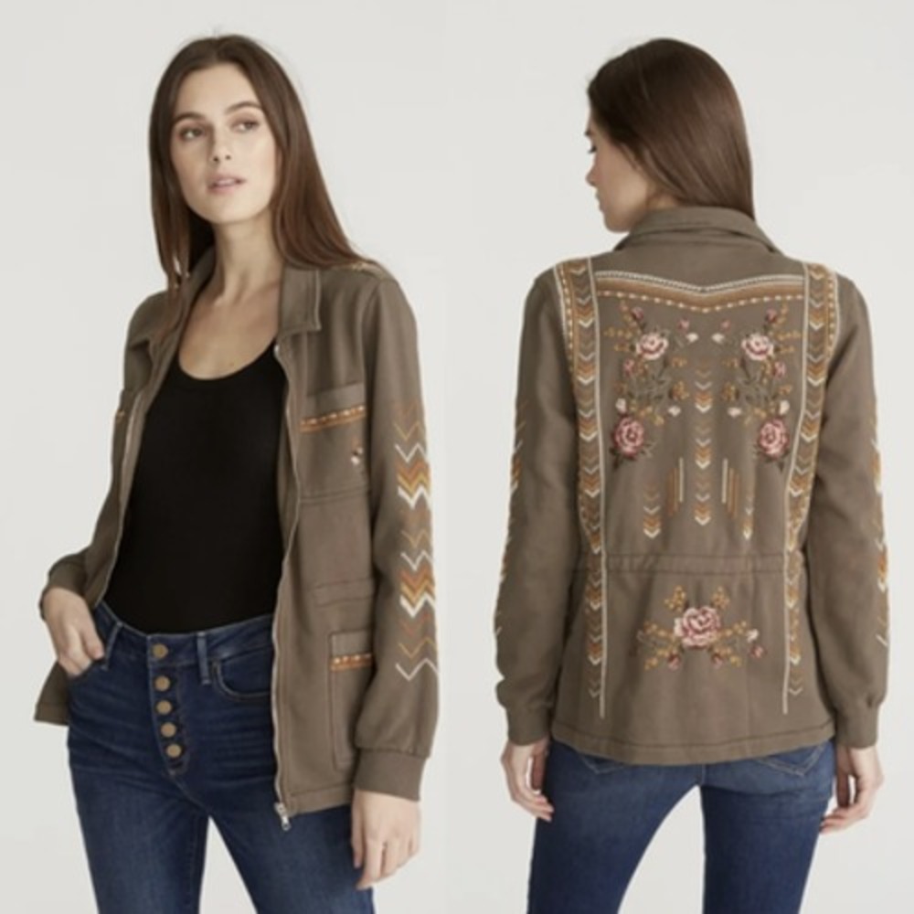Driftwood Lara Jacket Womens XL Brown Embroidered Floral Military Boho Utility